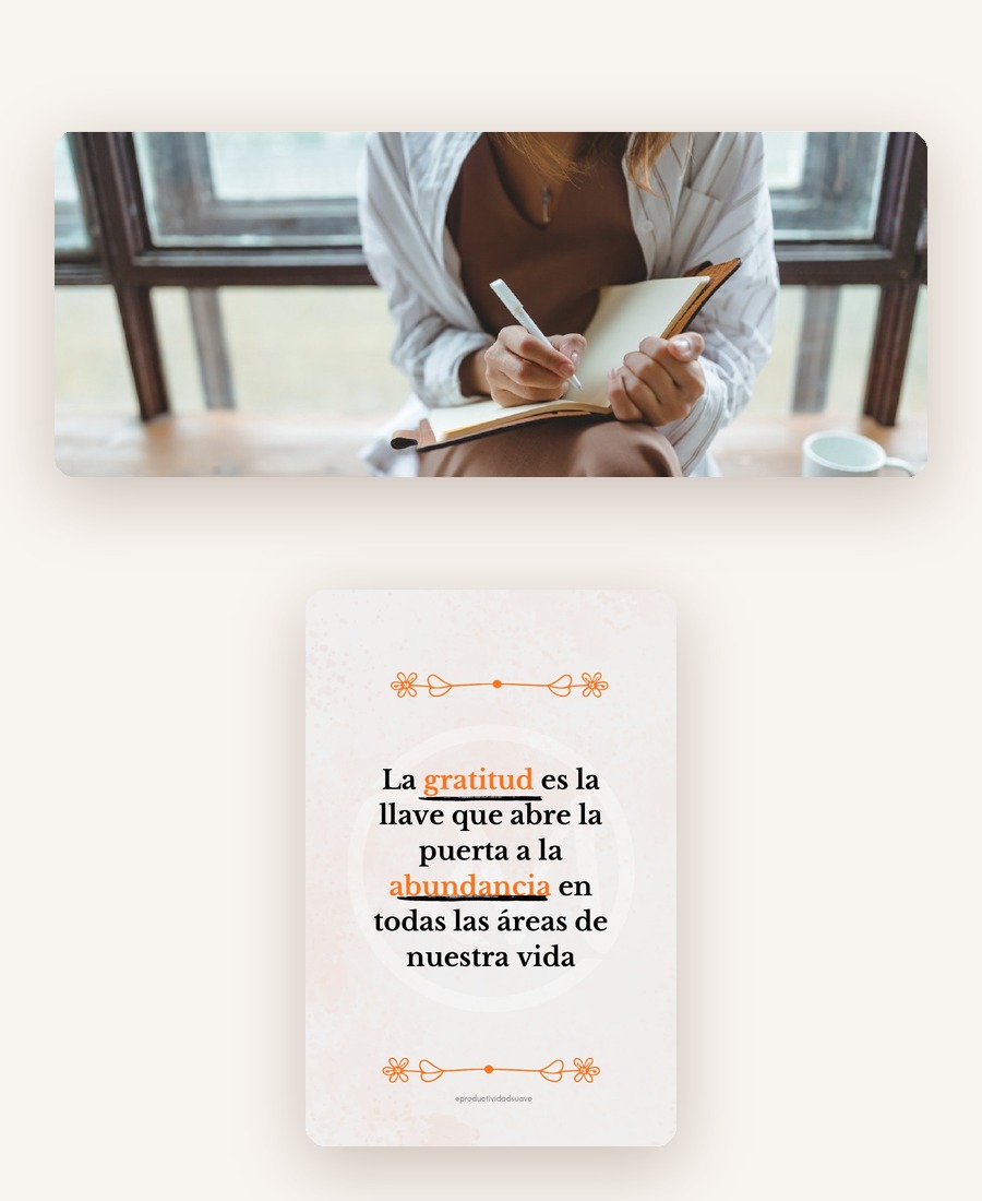 Escritura diaria en el Diario de Gratitud junto a una página de reflexión del ebook